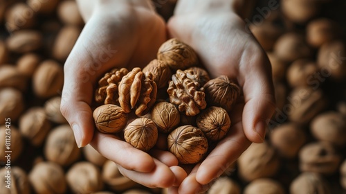 A handful of walnuts in hands against the background of a pile of walnuts photo