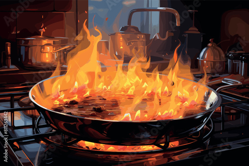 Modern kitchen. Cooks prepare meals on the stove in the kitchen of the restaurant or hotel. The fire in the kitchen