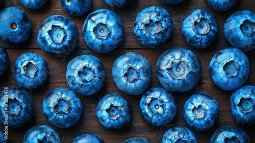   A cluster of blue fruits resting on a wooden table with gaping holes in the middle photo