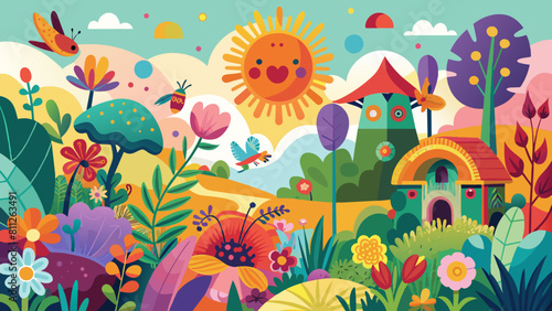 Whimsical Cartoon Landscape with Vibrant Flowers and Happy Sun