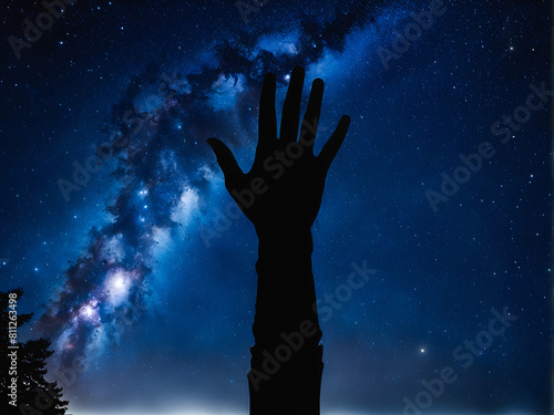 Touching the Infinite: Silhouette Seeks Stars in a Milky Way Canvas. Reaching for Dreams. generative AI