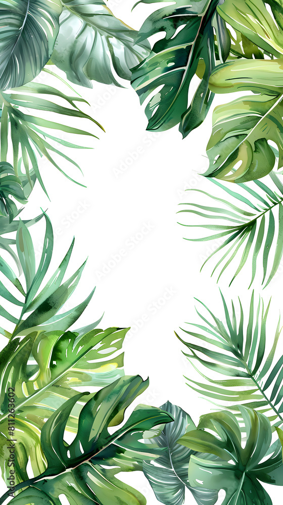 Watercolor frame with tropical leaves and jungle plants	