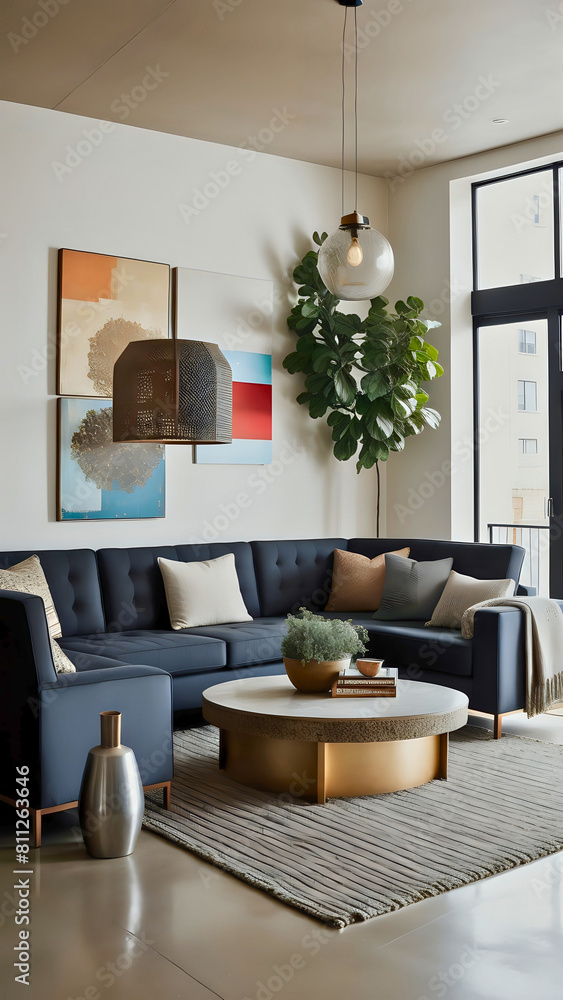 Fototapeta premium Eclectic Fusion: Modern Interior Inspired by Collage Art, background for cellphone, mobile phone, ios, android, instagram stories