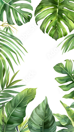 Watercolor frame with tropical leaves and jungle plants 