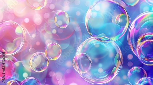 Colorful soap bubbles floating on a gradient