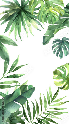 Watercolor frame with tropical leaves and jungle plants 