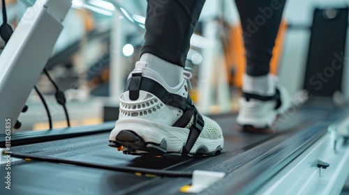 Exercising with safety shoes on a treadmill in the gym.