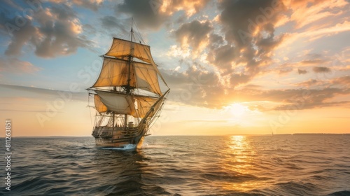 Sailing ship in sea water at sunset. © Joyce