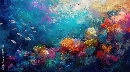 Abstract expressionist rendering of a coral reef, splashes of vibrant colors to signify marine life, textured layers, bold brushwork, luminous, underwater lighting realistic © Nabeel