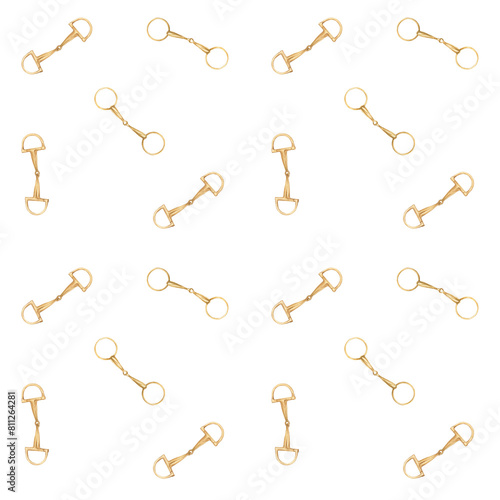 Fotografie Seamless pattern with watercolor illustration of golden snaffle, bit with D-Ring and circle rings