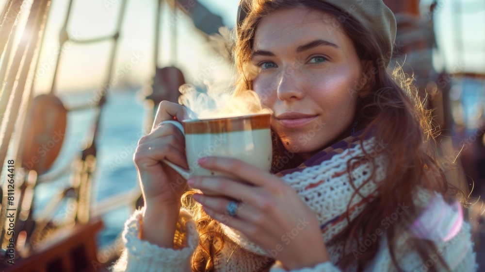Portrait of a female sailor on deck of a sailing boat in sea. Portrait of a female sailor on deck of a sailing boat in sea.
