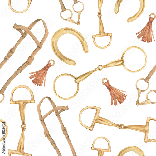 Seamless pattern with watercolor illustration of golden snaffle, bridle, horseshoes, bit with D-Ring and circle rings. Equipment for horse riding set. Isolated. For cards, prints, decor