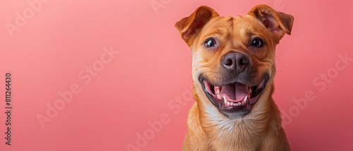 Exuberant orange dog with a broad smile, wearing a pink background that enhances its playful charm. photo
