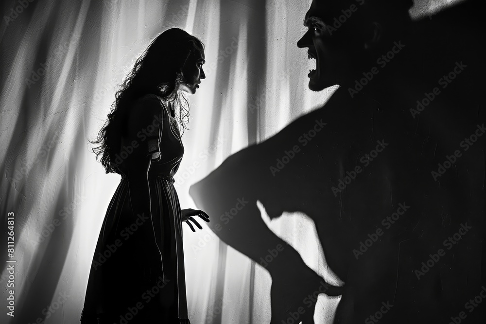 A black and white image showing a woman standing in front of a curtain with a menacing shadow looming over her, A man's menacing shadow looms over a woman, who trembles in his presence