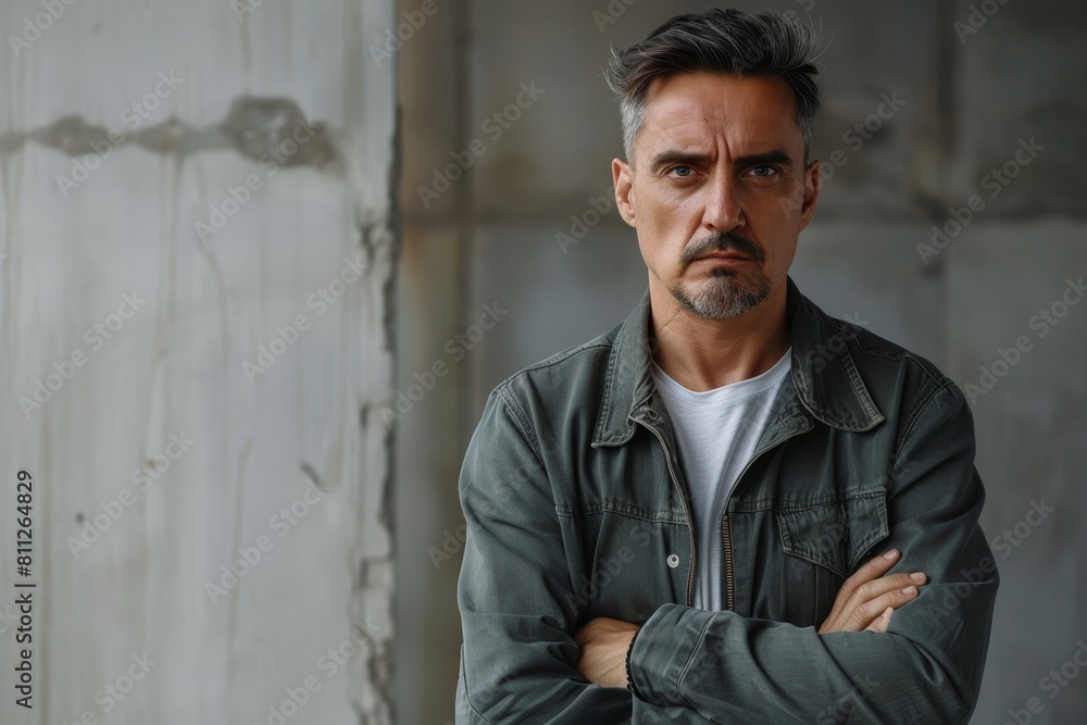 A man with crossed arms stands confidently in front of a wall, A man standing confidently with a stern expression A man with crossed arms stands confidently in front of a wall, A man standing confidently with a stern expression