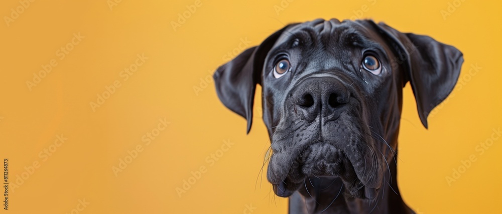 Obraz premium A young Great Dane with an attentive expression stands out against a bright yellow background, emphasizing its curious gaze and sleek coat.