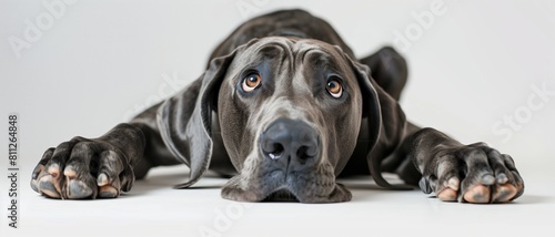 A poignant portrait of a Great Dane lying down  gazing soulfully at the camera  its expressive eyes conveying depth and emotion.