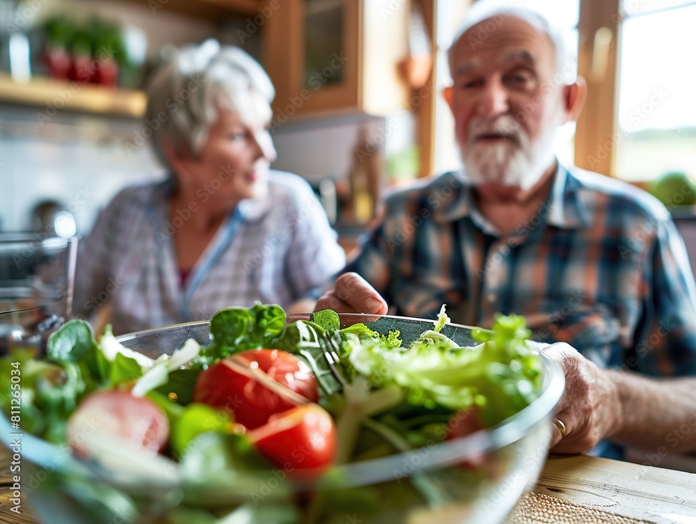 Happy senior couple preparing salad in the kitchen at home. Focus on the salad. Happy senior couple preparing salad in the kitchen at home. Focus on the salad.
