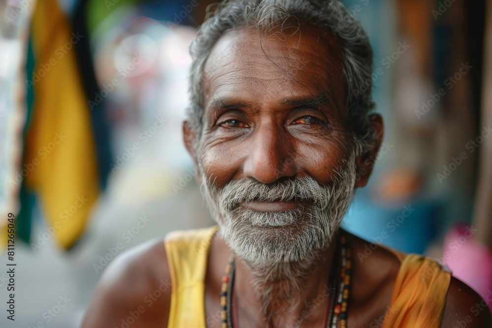A man with grey hair and beard smiles gently in a yellow shirt, A man with a kind expression and a gentle smile A man with grey hair and beard smiles gently in a yellow shirt, A man with a kind expression and a gentle smile