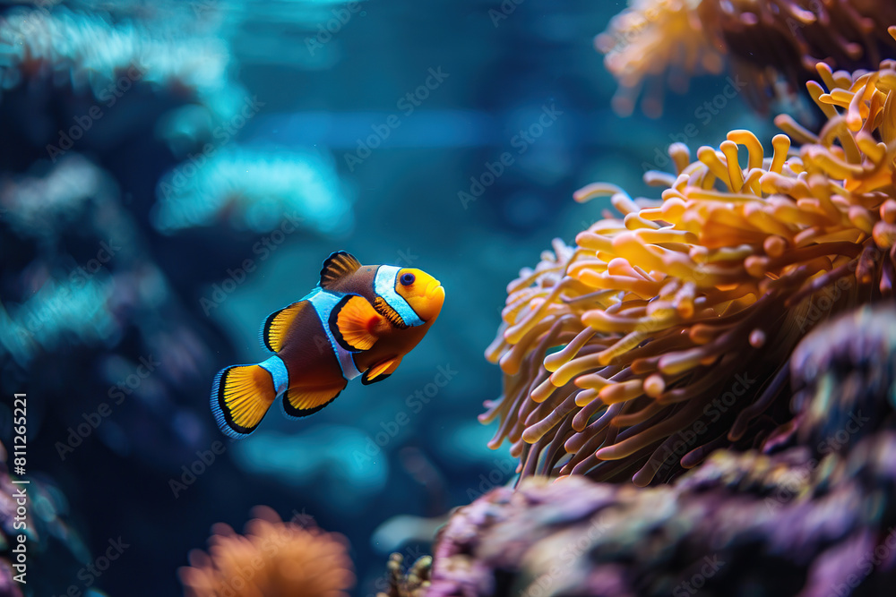 Clownfish in aquarium with blue water and corals Clownfish in aquarium with blue water and corals