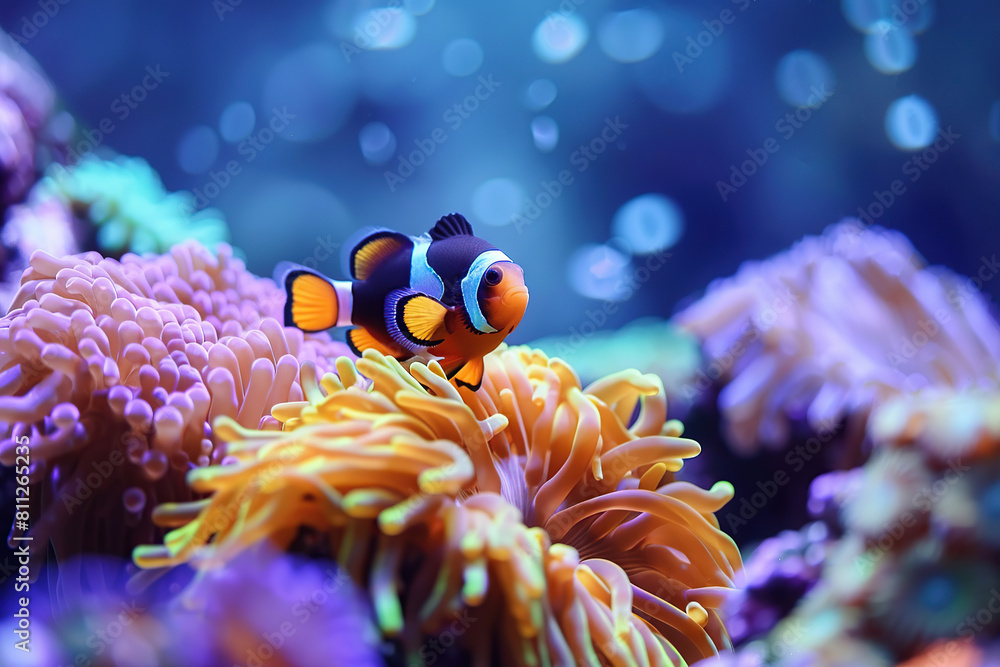 Obraz premium Clownfish in aquarium with blue water and corals