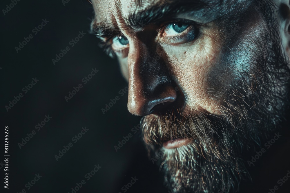 A man with a beard and blue eyes staring intensely, A man with a mysterious expression and a hint of mischief A man with a beard and blue eyes staring intensely, A man with a mysterious expression and a hint of mischief
