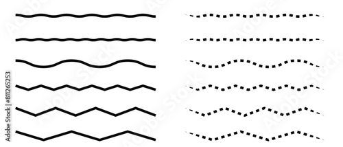 Wave line and wavy zigzag pattern lines. Vector black underlines, smooth end squiggly horizontal curvy squiggles on white background.