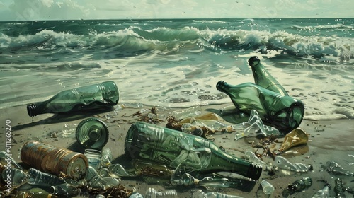 Plastic bottles scattered along the shoreline paint a stark picture of environmental devastation a poignant reminder of humanity s impact on the planet This scene mirrors the broader issue  photo