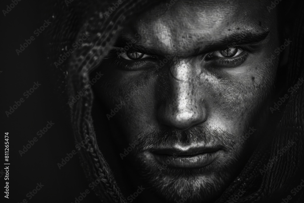 A black and white close-up portrait of a mans face with a mysterious expression in his eyes, A man with a mysterious look in his eyes A black and white close-up portrait of a mans face with a mysterious expression in his eyes, A man with a mysterious look in his eyes