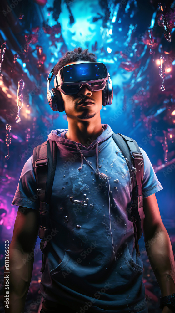 A person wearing a VR headset and controllers, fully engaged in an immersive gaming experience, surrounded by virtual elements. A person wearing a VR headset and controllers, fully engaged in an immersive gaming experience, surrounded by virtual elements.