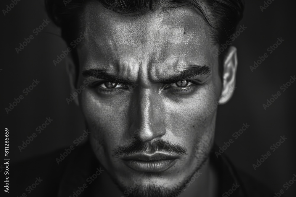 Black and white close-up portrait of a man with a strong jawline and serious expression, A man with a strong jawline and a serious demeanor Black and white close-up portrait of a man with a strong jawline and serious expression, A man with a strong jawline and a serious demeanor