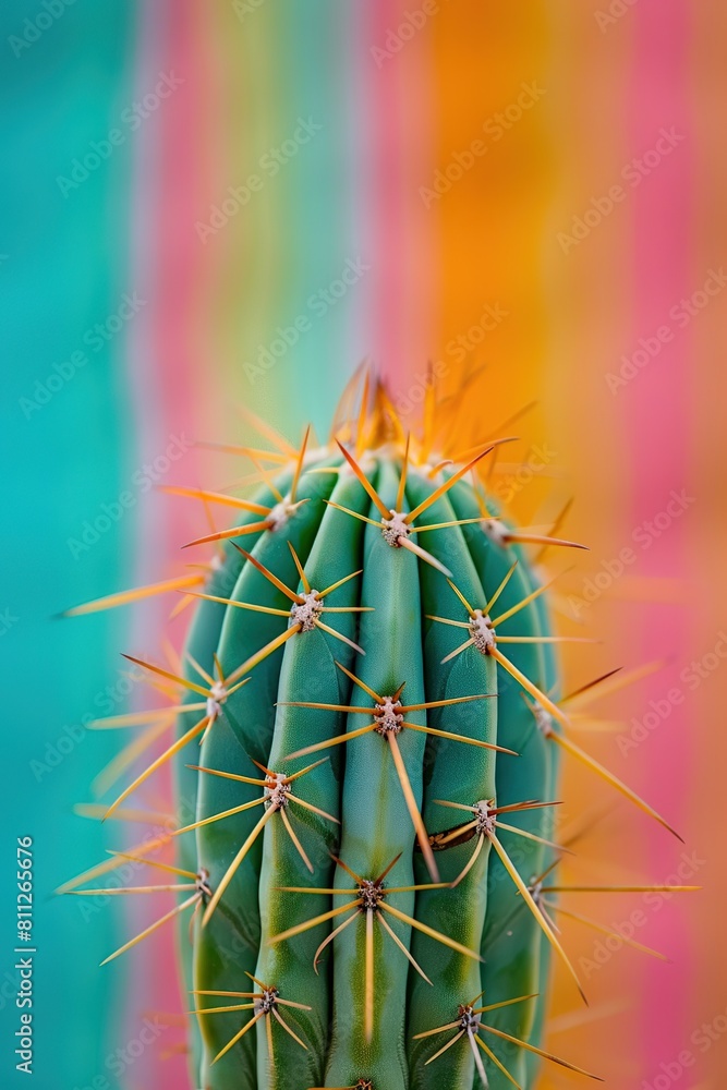 Cactus with sharp thorns on a background of colorful rainbow stripes. Cactus with sharp thorns on a background of colorful rainbow stripes.