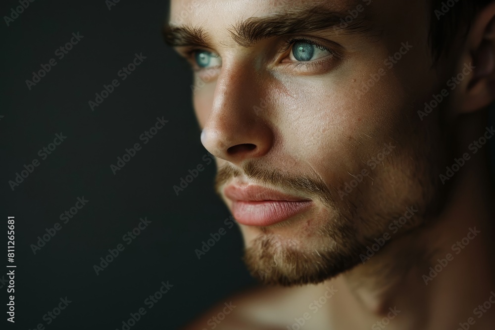 Close-up view of a man with chiseled features and striking blue eyes, A man with a strong jawline and chiseled features Close-up view of a man with chiseled features and striking blue eyes, A man with a strong jawline and chiseled features