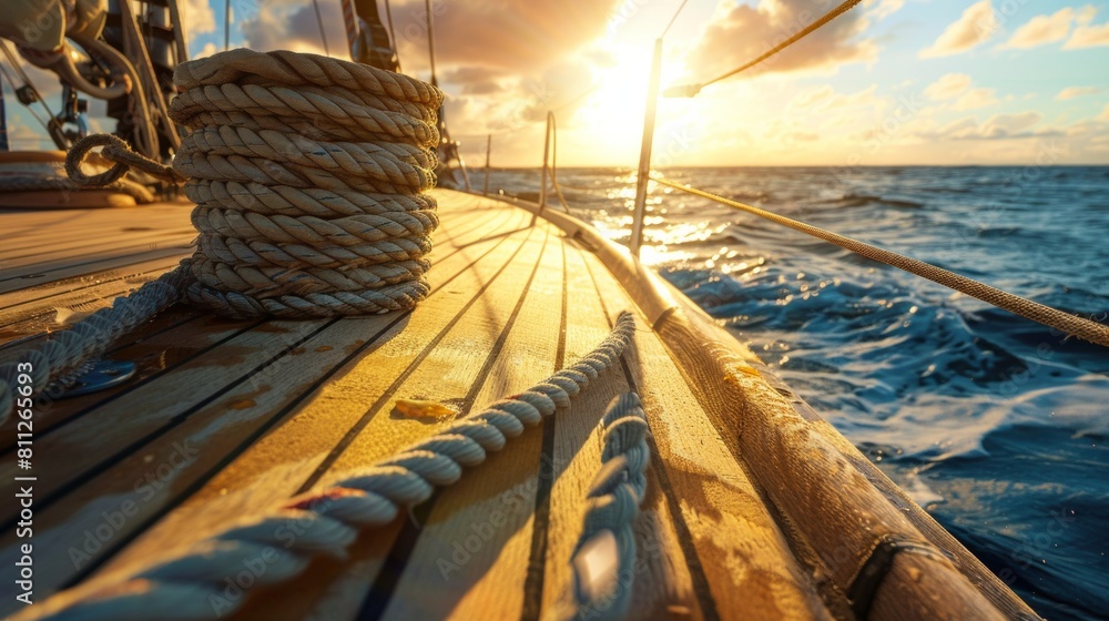 Obraz premium Rope on sailing boat deck in sea