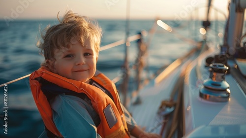 Portrait of a little girl with lifejacket on deck of a yacht in sea. photo