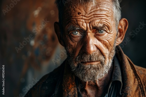 Elderly man with stern expression, bushy beard, and piercing blue eyes, A man with a stoic expression and a stern gaze