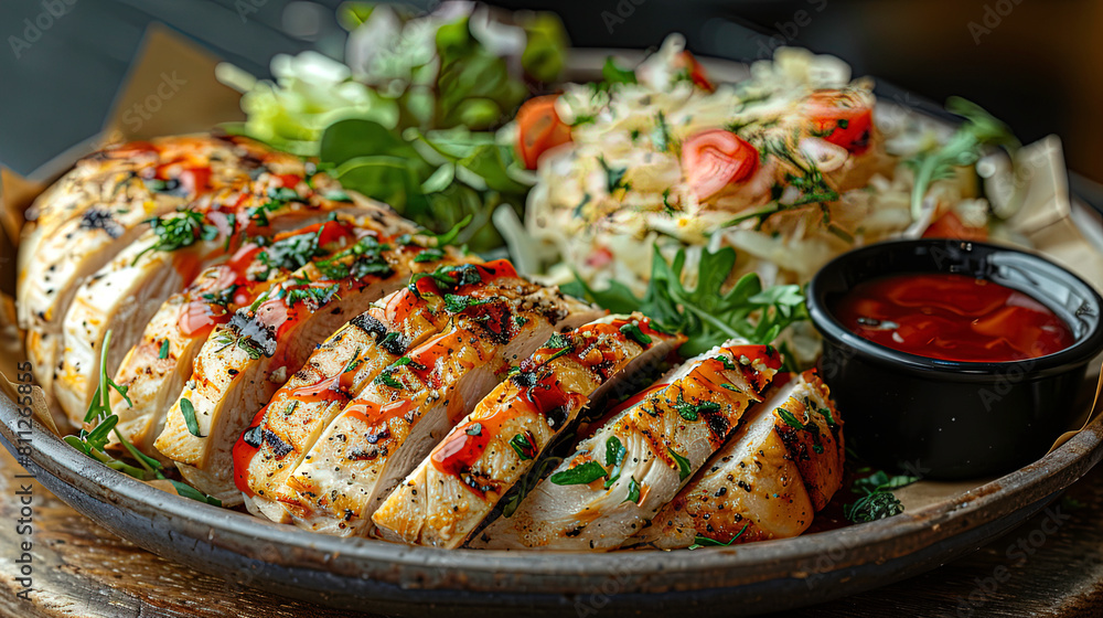 Turkey steak well done, on a dark plate, with vegetables and red sauce. On a wooden table. Turkey steak well done, on a dark plate, with vegetables and red sauce. On a wooden table.