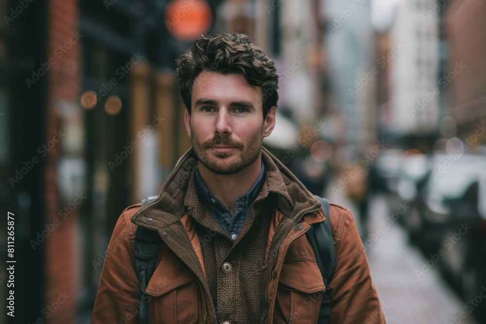 A man with a beard is standing on a bustling city street, A man with a warm and approachable demeanor A man with a beard is standing on a bustling city street, A man with a warm and approachable demeanor