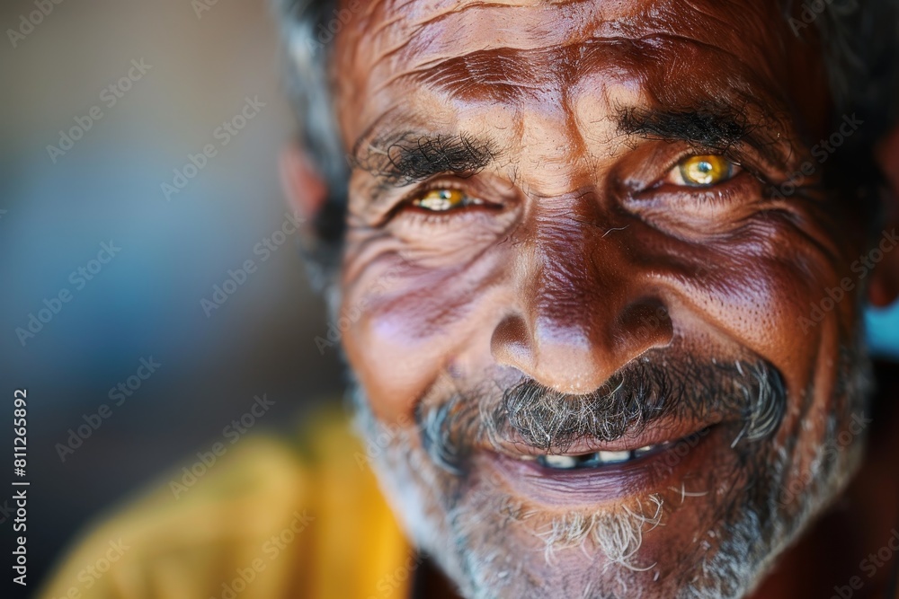 Detailed view of a mans face, focusing on his striking yellow eyes and warm expression, A man with a warm smile and kind eyes Detailed view of a mans face, focusing on his striking yellow eyes and warm expression, A man with a warm smile and kind eyes
