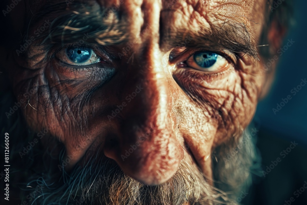 A close-up view of a man with striking blue eyes, his weathered face reflecting wisdom and experience, A man with a weathered face and wise eyes A close-up view of a man with striking blue eyes, his weathered face reflecting wisdom and experience, A man with a weathered face and wise eyes