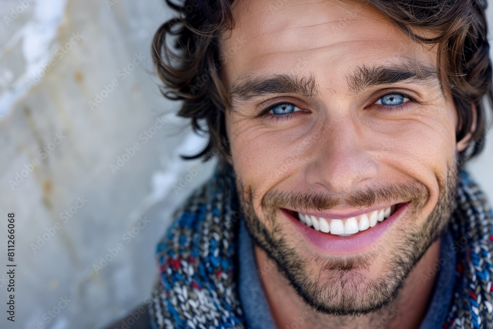 A close-up shot of a person with piercing eyes and a confident smile, wearing a scarf, A man with piercing eyes and a confident smile A close-up shot of a person with piercing eyes and a confident smile, wearing a scarf, A man with piercing eyes and a confident smile