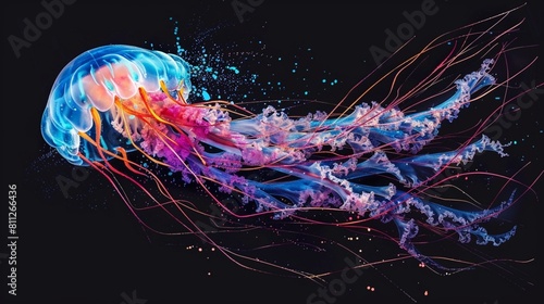 Aquatic animals jellyfish that swim majestically in oceans and seas. Painted with paint splash technique. Isolated black background. Also for T-shirt printing pattern.