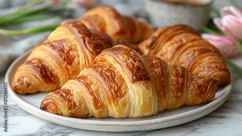   A close-up of croissants on a table with tulips in the background #811266635