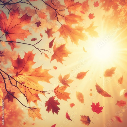 Autumn background with orange and red leaves falling from a tree in sunlight
