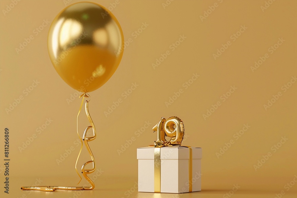 Happy birthday 19 surprise balloon and box with copy space Happy birthday 19 surprise balloon and box with copy space