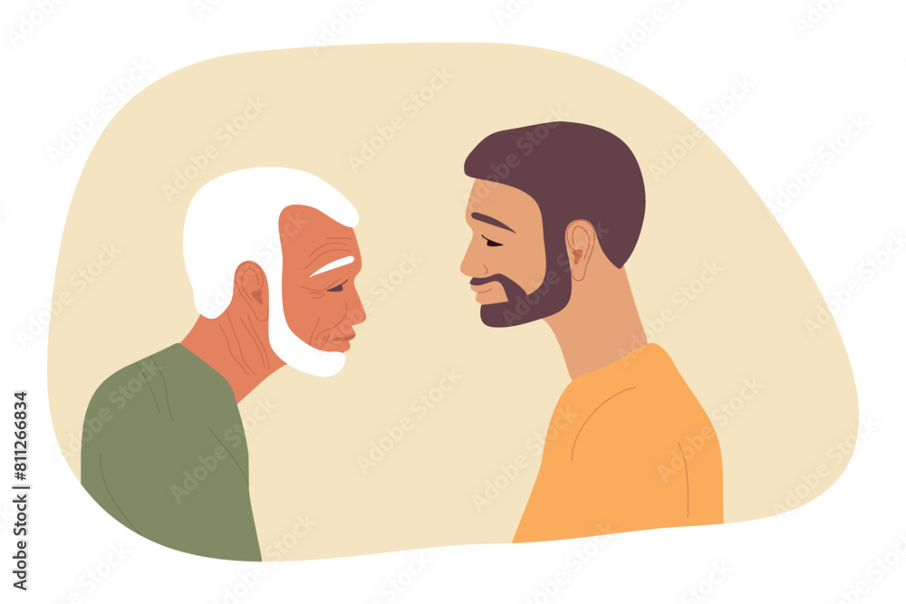 Elderly man with gray hair and wrinkles with his son. Flat vector illustration. Caucasian Portraits in profile. Family, generation, father's day concept. Young man and his old father. Elderly man with gray hair and wrinkles with his son. Flat vector illustration. Caucasian Portraits in profile. Family, generation, father's day concept. Young man and his old father.