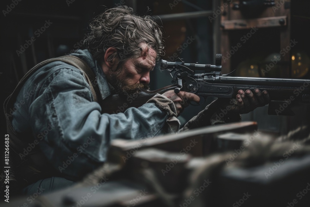 A man holding a gun in his hand and preparing for action by reloading his weapon, A marksman reloading their weapon A man holding a gun in his hand and preparing for action by reloading his weapon, A marksman reloading their weapon
