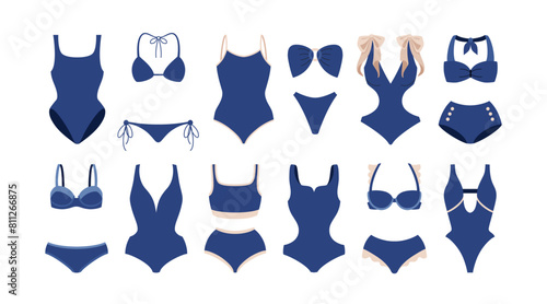 Summer beach bikini and swimsuits set. stylish women's lingerie and swimwear blue color. Collection sea resort vacation clothes. Summer Female clothing cute stickers. Vector flat illustration.