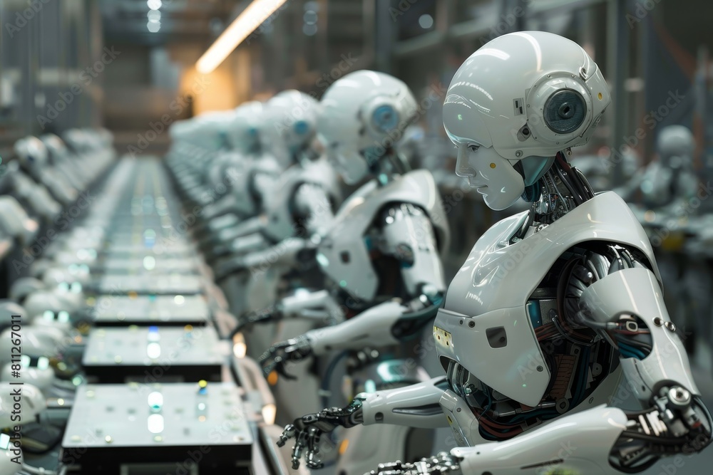 Multiple robots are seen standing next to each other in a factory setting, A massive robot factory churning out androids and drones Multiple robots are seen standing next to each other in a factory setting, A massive robot factory churning out androids and drones