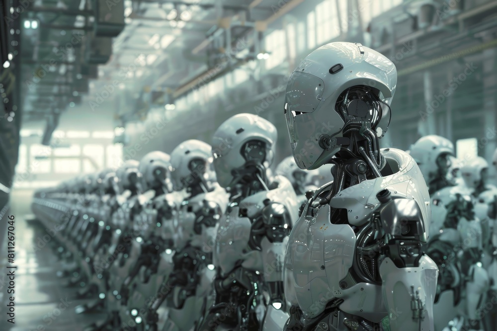 A vast assembly line in a factory where numerous robots are neatly lined up for production, A massive robot factory churning out androids and drones A vast assembly line in a factory where numerous robots are neatly lined up for production, A massive robot factory churning out androids and drones